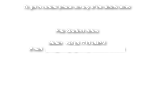 To get in contact please use any of the details below

 	
Peta Stratford-Johns
Mobile   +44 (0) 7710 464013
E-mail   peta@slungtogetherproductions.co.uk
